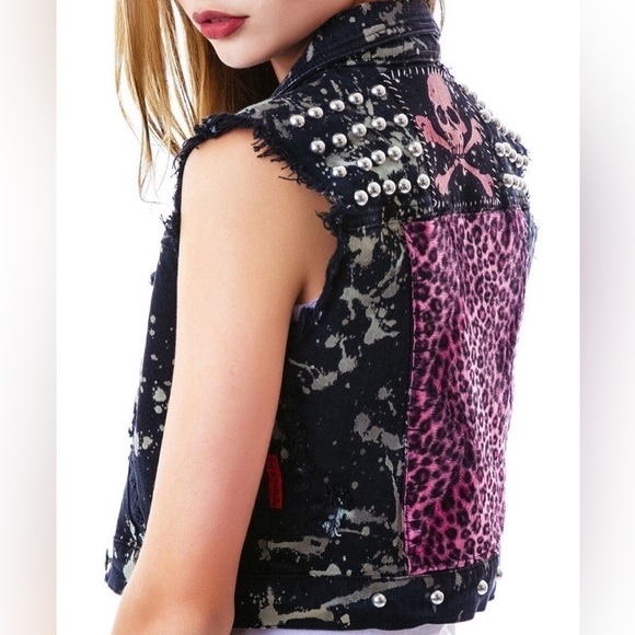 TRIPP NYC Skull Cheetah Print Denim Studded Patchwork Vest Size Small VGUC - Picture 1 of 8